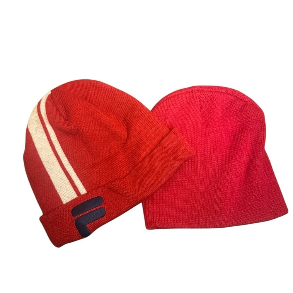 2 FILA & MIX IT Bundle 2 Red Knit Soft Beanie Caps Hats One Size Outdoors EUC